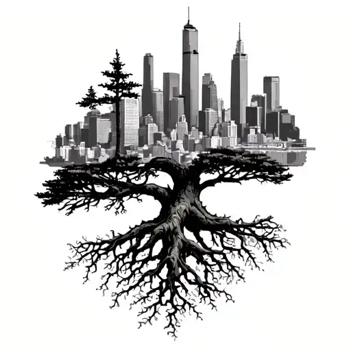 A Washington state evergreen tree with the tree roots that merge and turn into line art of New York City  skyline tattoo design idea