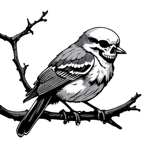 skeleton mocking bird sitting on branch tattoo design idea