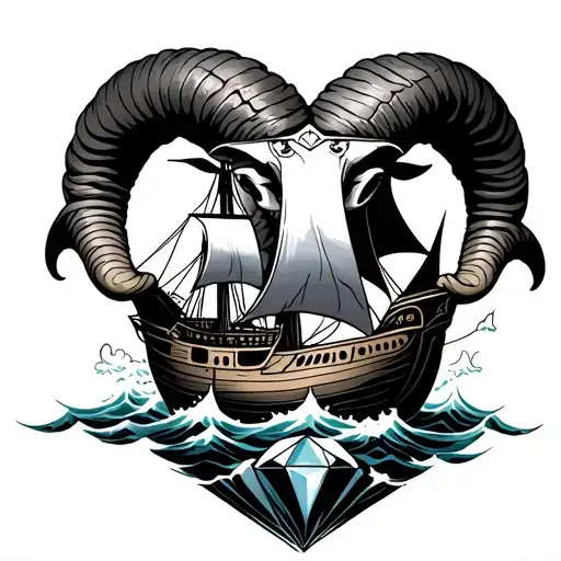 Aries ram, diamond, ship sailing through a sea tattoo design idea