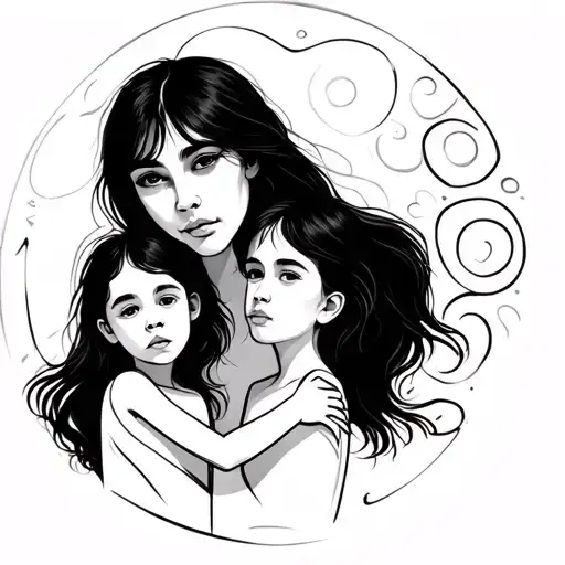 single line picasso style image of woman with two children  tattoo design idea