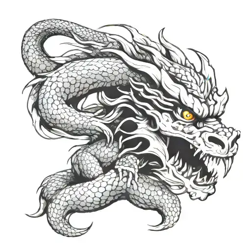 Japanese dragon sitting on a skull tattoo design idea