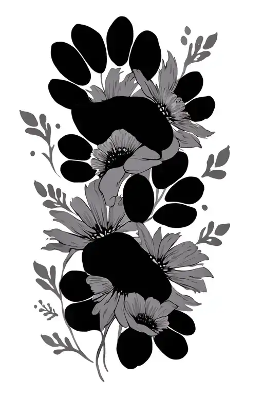 paws prints trailing with simple flowers intertwined tattoo design idea