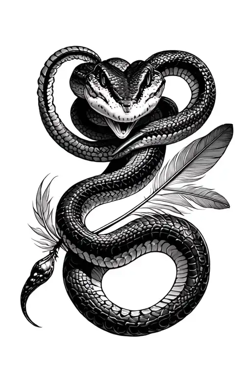 rattle snake, feather and heart tattoo design idea
