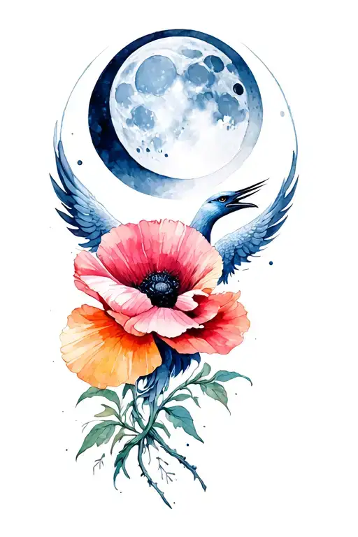 All moon phases around a phoenix with a poppy flower tattoo design idea