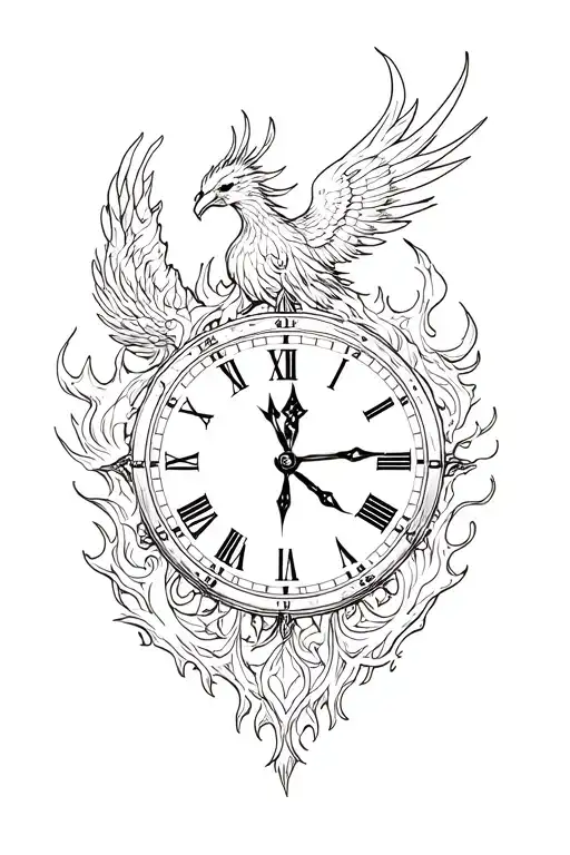 Phoenix burning with clock  in the background tattoo design idea