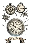 Sanding clock against the background of broken old mechanical watches. There are two ribbons under them to which names will then be finished tattoo design idea