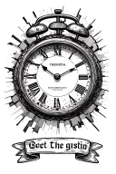 Sanding clock against the background of broken old mechanical watches. There are two ribbons under them to which names will then be finished tattoo design idea