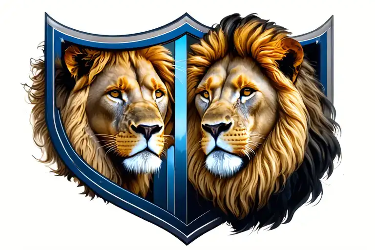 lions face inside shield and family walking away holding hands tattoo design idea