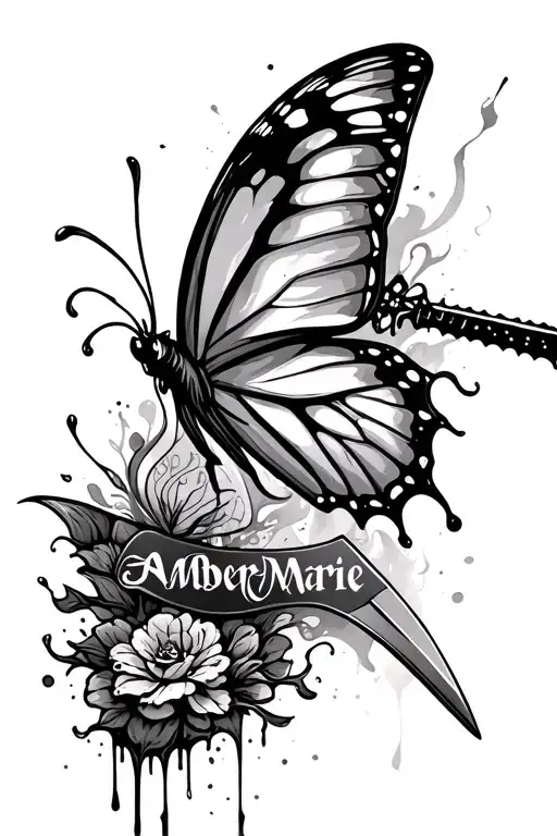 a dagger stabbing a butterfly striaght down the spine dripping blood into a tramp stamp of the name AmberMarie  tattoo design idea