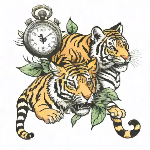 2 tiger cubs and 2 pocket watch tattoo design idea