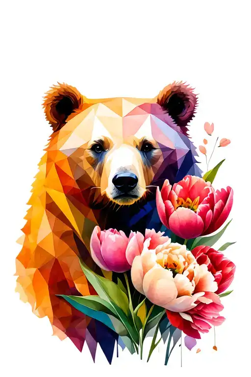 geometric bear backed by florals peonies and tulips tattoo design idea
