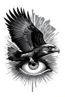 "VISION" hawk soaring over human eye tattoo design idea