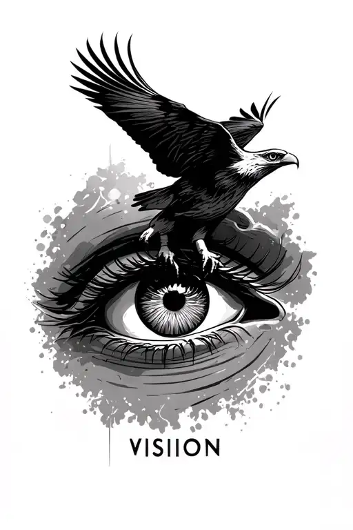 "VISION" hawk soaring over human eye tattoo design idea
