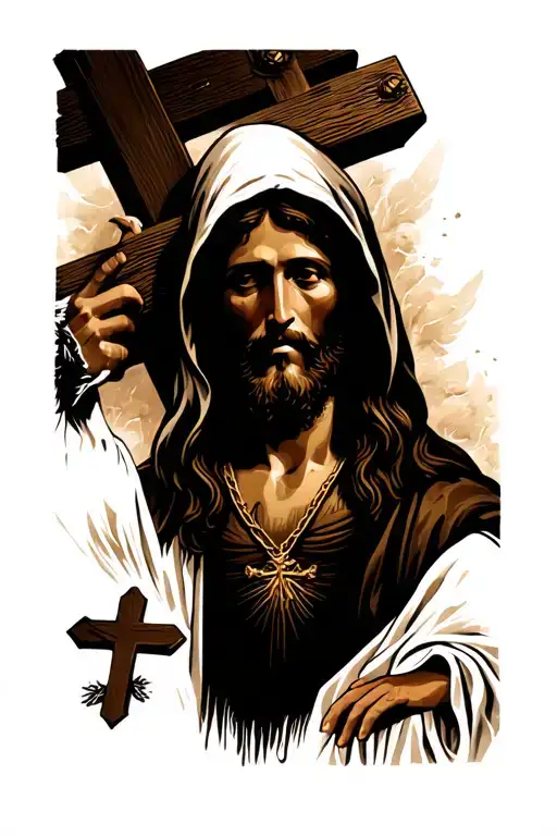 Jesus carry cross. hooded Jesus Face shot. Three crosses w/ men silhouette. dove. hand w/ nail. Jesus grave tattoo design idea