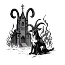 baphomet goat sitting front of the burning church burning tattoo design idea