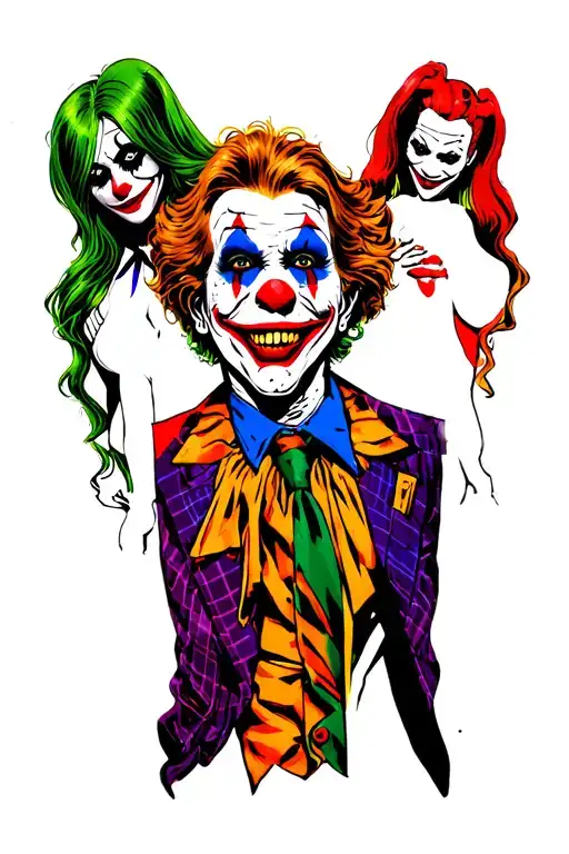 Full sleeve, color on white background, features "Art the clown", Freddy Krueger, Harley Quinn and the joker tattoo design idea