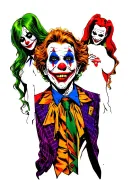 Full sleeve, color on white background, features "Art the clown", Freddy Krueger, Harley Quinn and the joker tattoo design idea