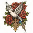 dove and roses with a cross  tattoo design idea