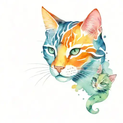 A small tattoo design in a tribal style with watercolor elements, featuring a mother cat and three kittens, with one kit tattoo design idea