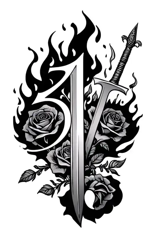 numeral numbers in the middle surrounded by fire rising with money swords self made in it with some roses  tattoo design idea
