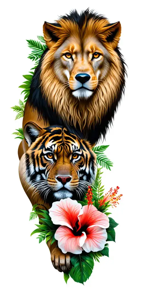 realistic Lion, wolf, monkey, and tigress, with greenery and hibiscus flowers, left arm sleeve- full color tattoo design idea
