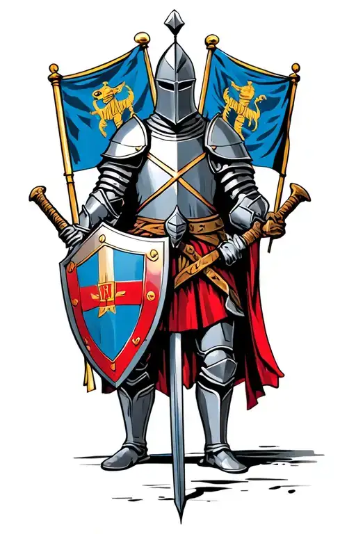 templar knight with shield crossed and twoo flag around him tattoo design idea