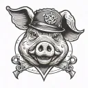 rubber hose style cartoon of a pigs head with x symbols where the eyes should be wearing a cops hat tattoo design idea