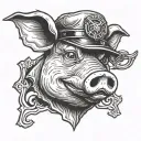 rubber hose style cartoon of a pigs head with x symbols where the eyes should be wearing a cops hat tattoo design idea
