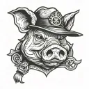 rubber hose style cartoon of a pigs head with x symbols where the eyes should be wearing a cops hat tattoo design idea