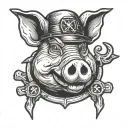 rubber hose style cartoon of a pigs head with x symbols where the eyes should be wearing a cops hat tattoo design idea