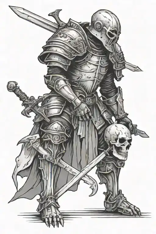 headless knight on his knees with a skull in his hand with a shadow watching him tattoo design idea