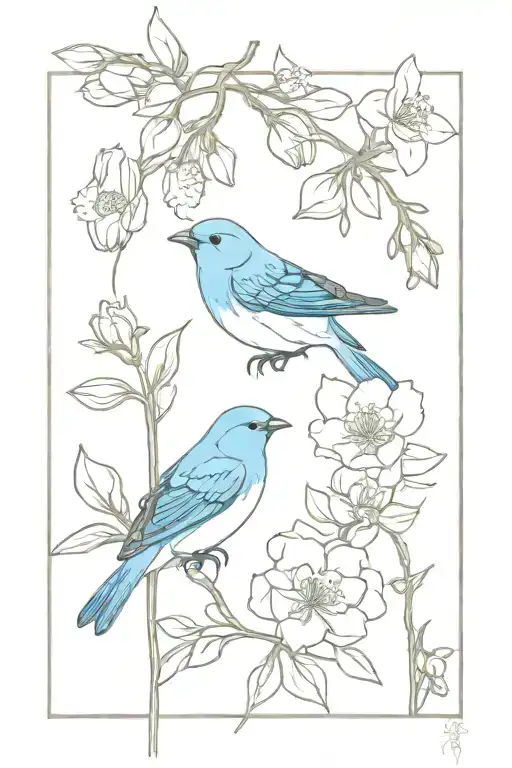 Indigo Bunting and Japanese Kerry Rose flowers tattoo design idea
