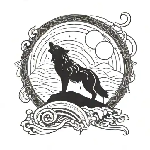 A stylized blackwork tattoo of a wolf howling at the moon, with anime-style eyes tattoo design idea