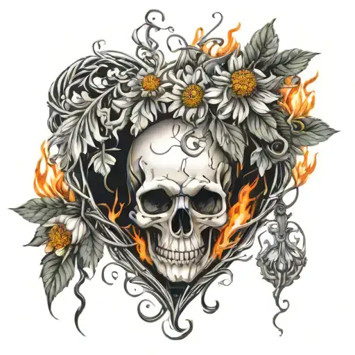 A skull with a chrysanthemum coming out of the top on fire, inside of a large heart with vines tattoo design idea