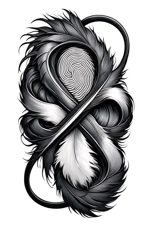 infinity symbol with a feather and a fingerprint inside tattoo design idea