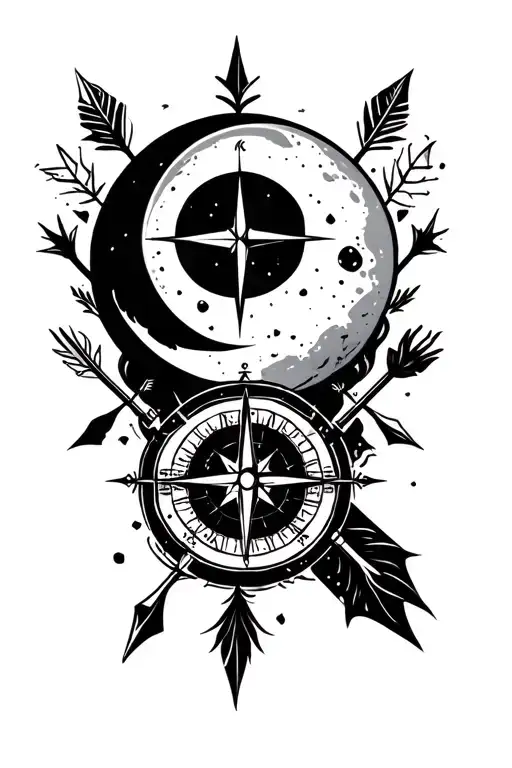 moon and compass and small decorative arrows tattoo design idea