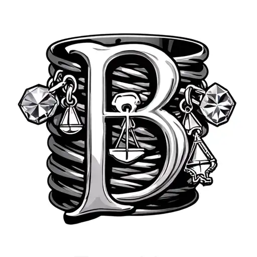 slinky delicate  bracelet tattoo featuring charms linked 'B' in cursive font , Libra symbol, Tiffany key, shiny gem tattoo design idea