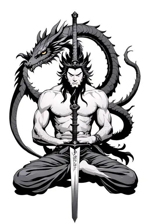 fudo myuu sitting cross legged on toger woth dragon from his sword tattoo design idea