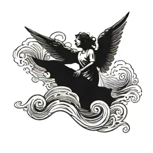 Gabriel the angel flying over the ocean with waves tattoo design idea