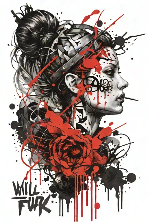 trash polka style tattoo that has the words: "will, fire, fury" tattoo design idea