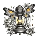 black and grey lamp with fireflies around it tattoo design idea