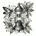 black and grey lamp with fireflies around it tattoo design idea