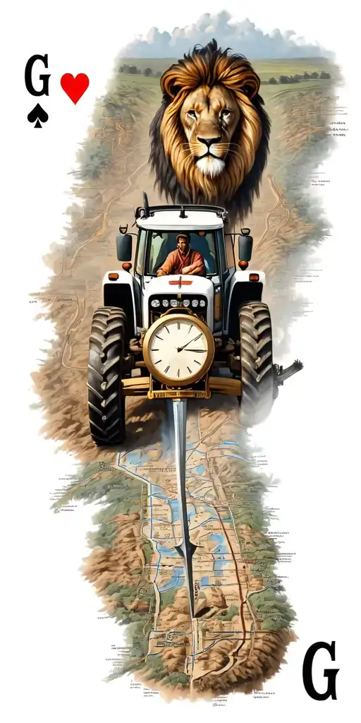 Tractor Plowing, Punjab map with a sword, Farmer man,Lion, Playing Cards, Letter G, Timepiece tattoo design idea