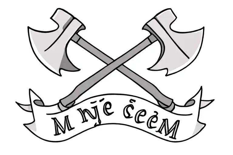 Two crossed axes with a ribbon beneath them, on which the inscription "Мы не сеем" is written. tattoo design idea