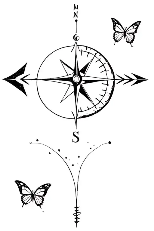 moon arrow compass and butterfly tattoo design idea