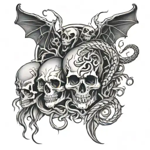 skulls and fire snakes spiders tattoo design idea