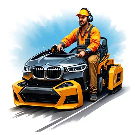 A realistic tattoo of a construction machine operator wearing headphones and driving a BMW F30  tattoo design idea