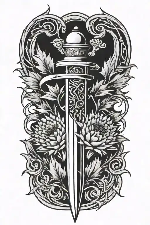 scottish dagger through thistle intertwined tattoo design idea