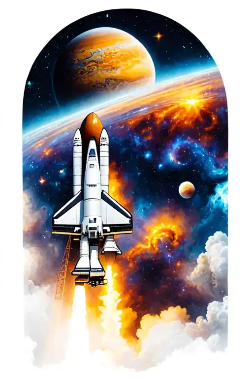 outer space galaxy planets stars and nebulas space shuttle launching tattoo design idea
