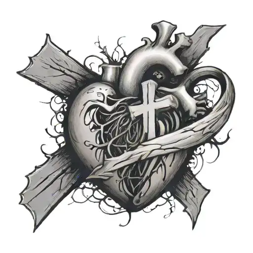 heart beat with broken heart inside and a cross in it tattoo design idea
